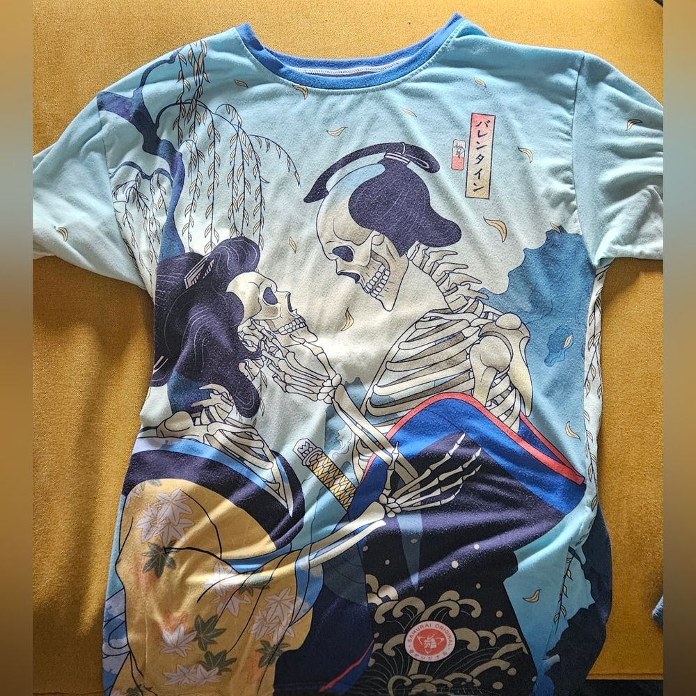Men's Light Blue Graphic Skeleton Kimono-Style Shirt